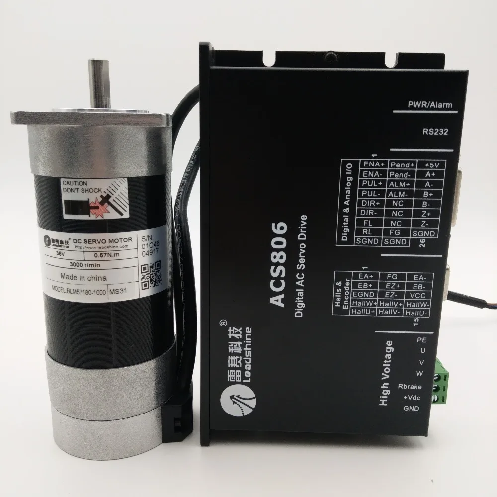 Leadshine 180W DC Brushless Servo Motor Diver Kit Square Flange 6.7A 36VDC 0.57NM 3000RPM Pulse Control BLM57180-1000+ACS806 dc motor electric pulse motor dc servo motor for edm machine tool