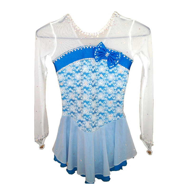 

Customized Costume Ice Figure Skating Dress Gymnastics Competition Adult Child Skirt Performance Rhinestone White Blue Stitching