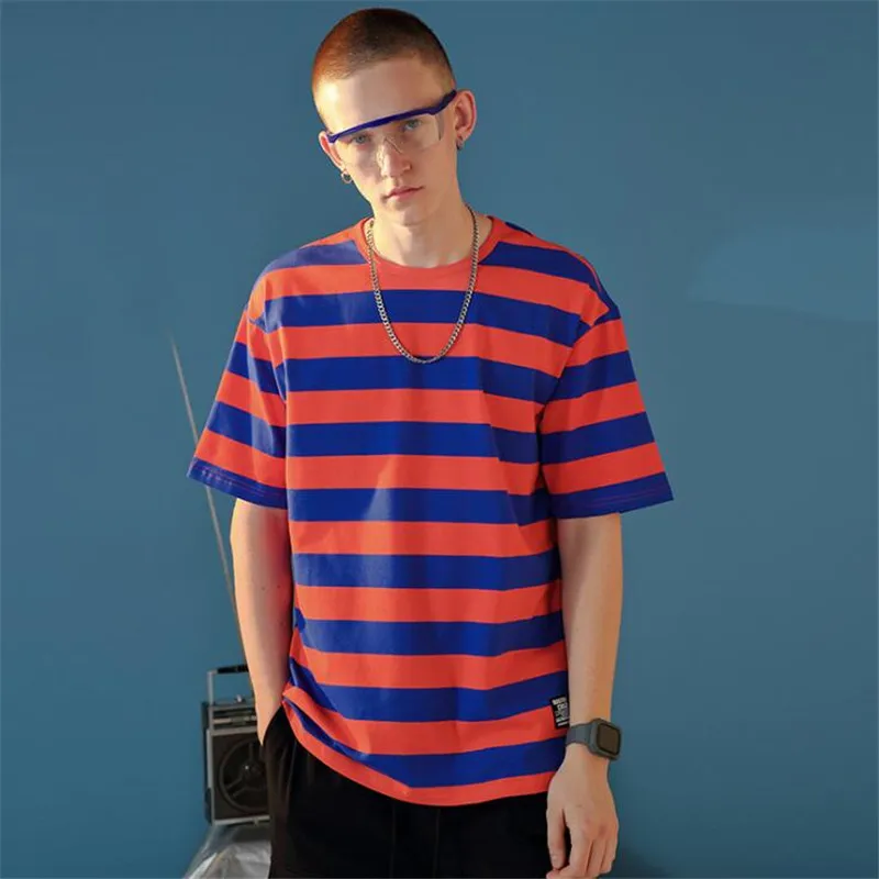

Harajuku Stripe T Shirt 2019 Men Casual T-Shirt Short Sleeve Summer Hip Hop Tshirt Streetwear Casual Tops Tees Yellow Blue