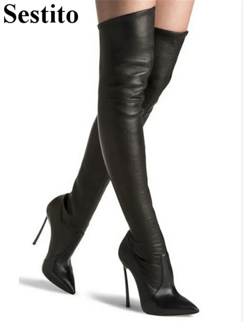 

Autumn Fashion Black Flock High Boots Pointed Toe Over-the-Knee Boots For Women Super High Thin Heels Slip-on Casual Women Shoes