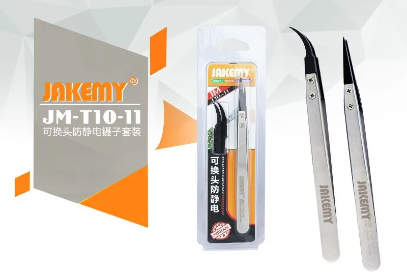 

New Precision JAKEMY Stainless SteelAnti-static Tweezers Pointed and Curved Replaceable Tips JM-T10-11 Tweezer kit