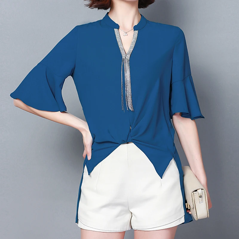 

New women tops V-collar chiffon blouses shirt half sleeve summer 2019 office plus size shirt Women's Clothing free shiping 93A3