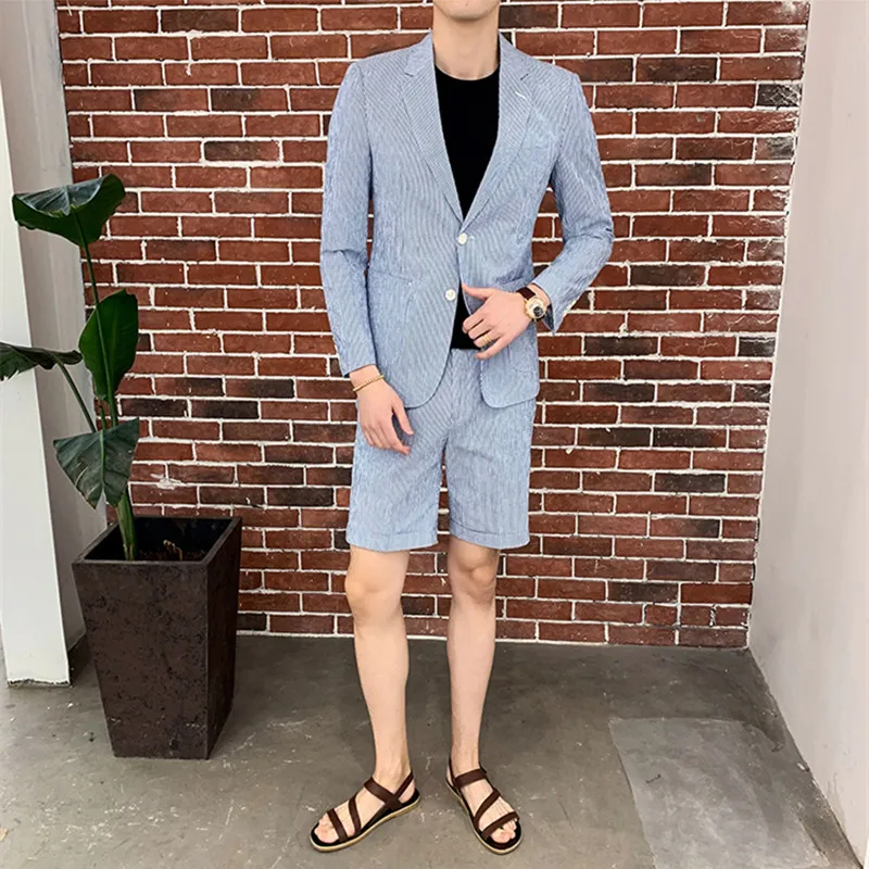

Men's shorts suit two-piece suit (jacket + shorts) summer gray pinstripe suit fashion slim business casual suits