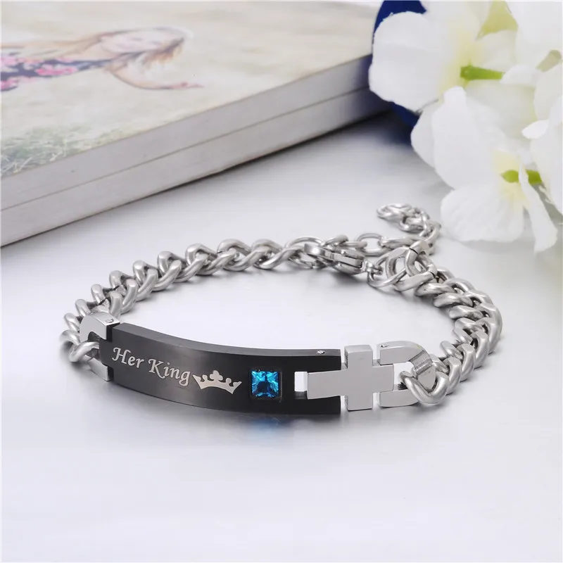 New Arrival His Queen Her King Couple Stainless Steel Crystal Charm Bracelets For Women Men Bangles Jewelry