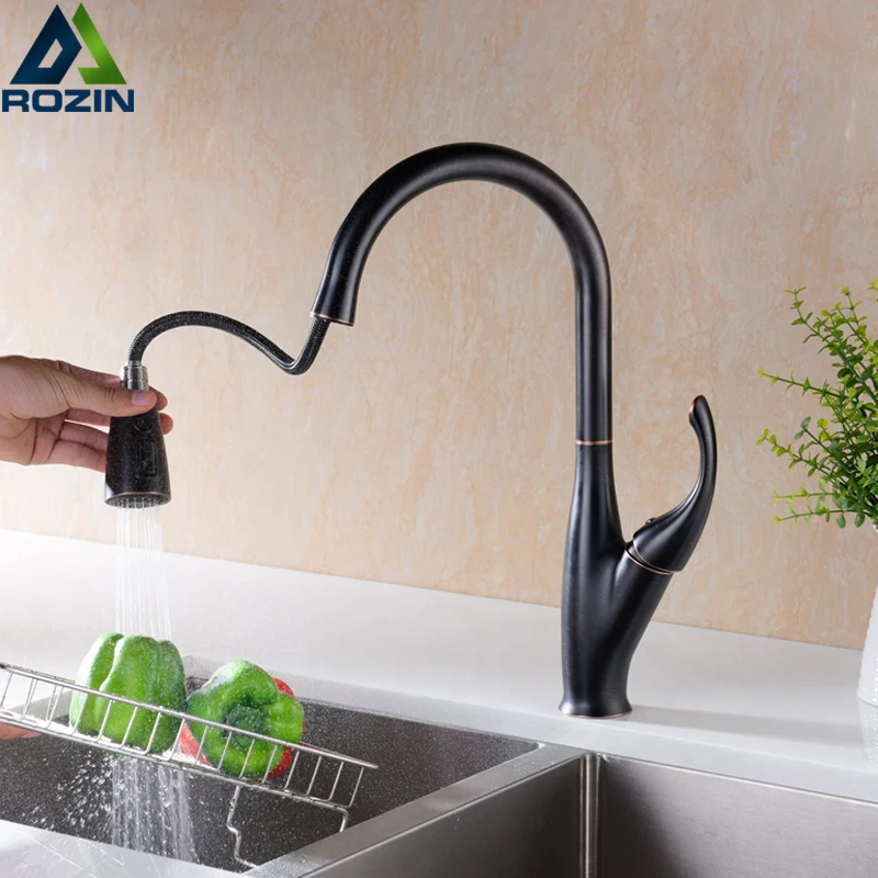 

Deck Mount Kitchen Faucet Black Bronze 2 Function Kitchen Spout with Shut Off Button Stream Sprayer Head Hot Cold Kitchen Mixer