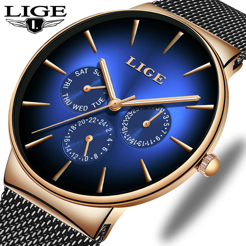 

New LIGE Mens Watches Top Brand Luxury Simple Calendar Clock Mesh belt Waterproof Sport Quartz Wristwatch Relogio Masculino+Box