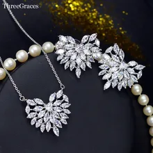 ThreeGraces Hermosa Forma de Corazón de Piedra de Circonio Cúbico de Alta Calidad del Color de Plata Pendientes Collar Set De Compromiso Mujeres JS215