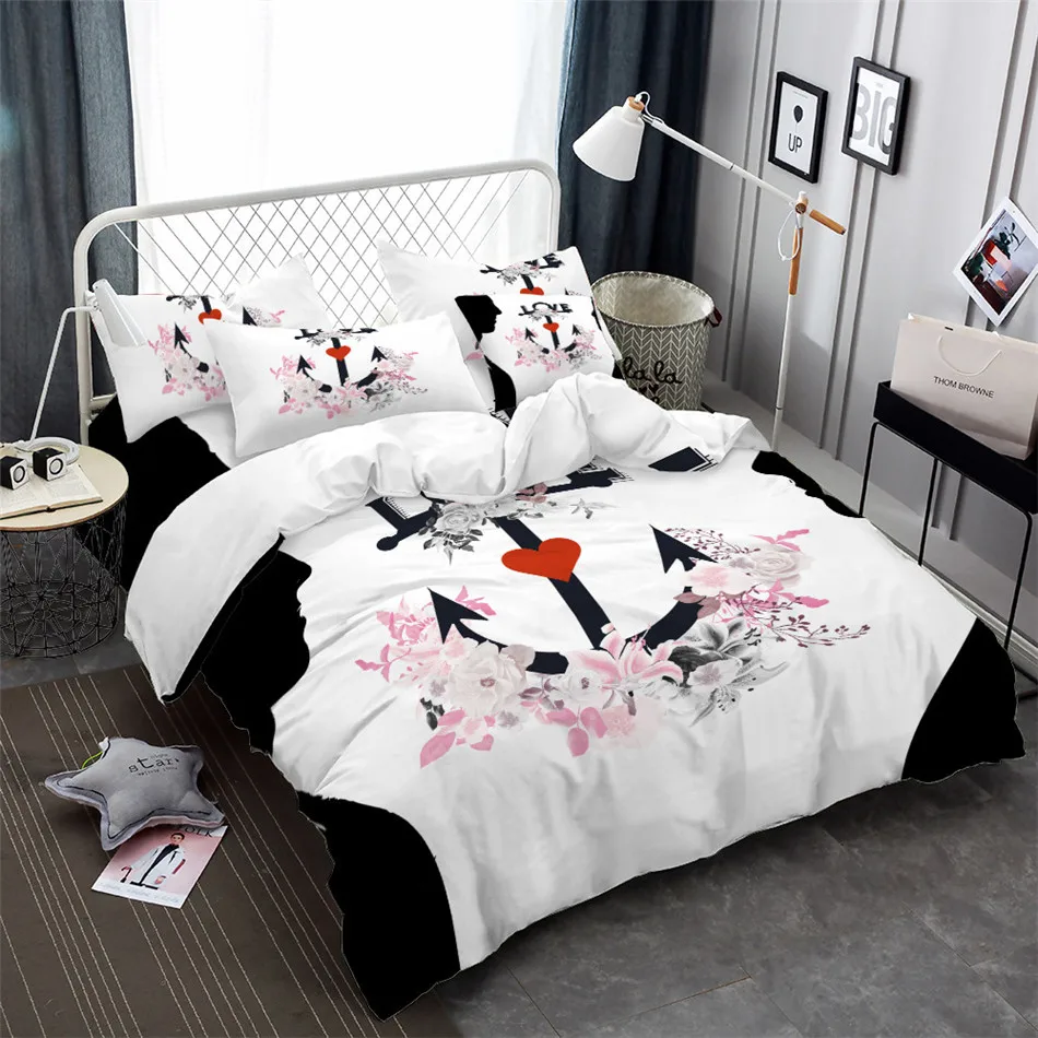 Romantic Couples Bedding Set Anchor Flowers Print Duvet Cover Set Girls Princess Bedding