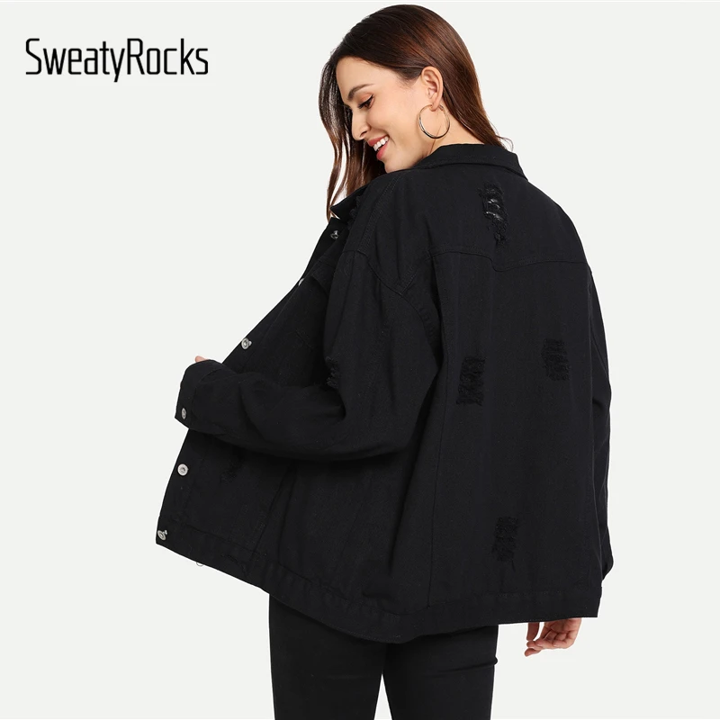 SweatyRocks, рваная джинсовая куртка с двумя карманами, уличная одежда, однобортная джинсовая куртка, весна, женские черные пальто и куртки