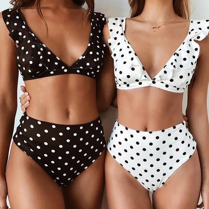 

Womens Bikini 2019 Polka Dot Ruffle Swimwear Swimsuit Solid High Waist Monokini Ladies 2 Pieces Bathing Suit Bikini Lot