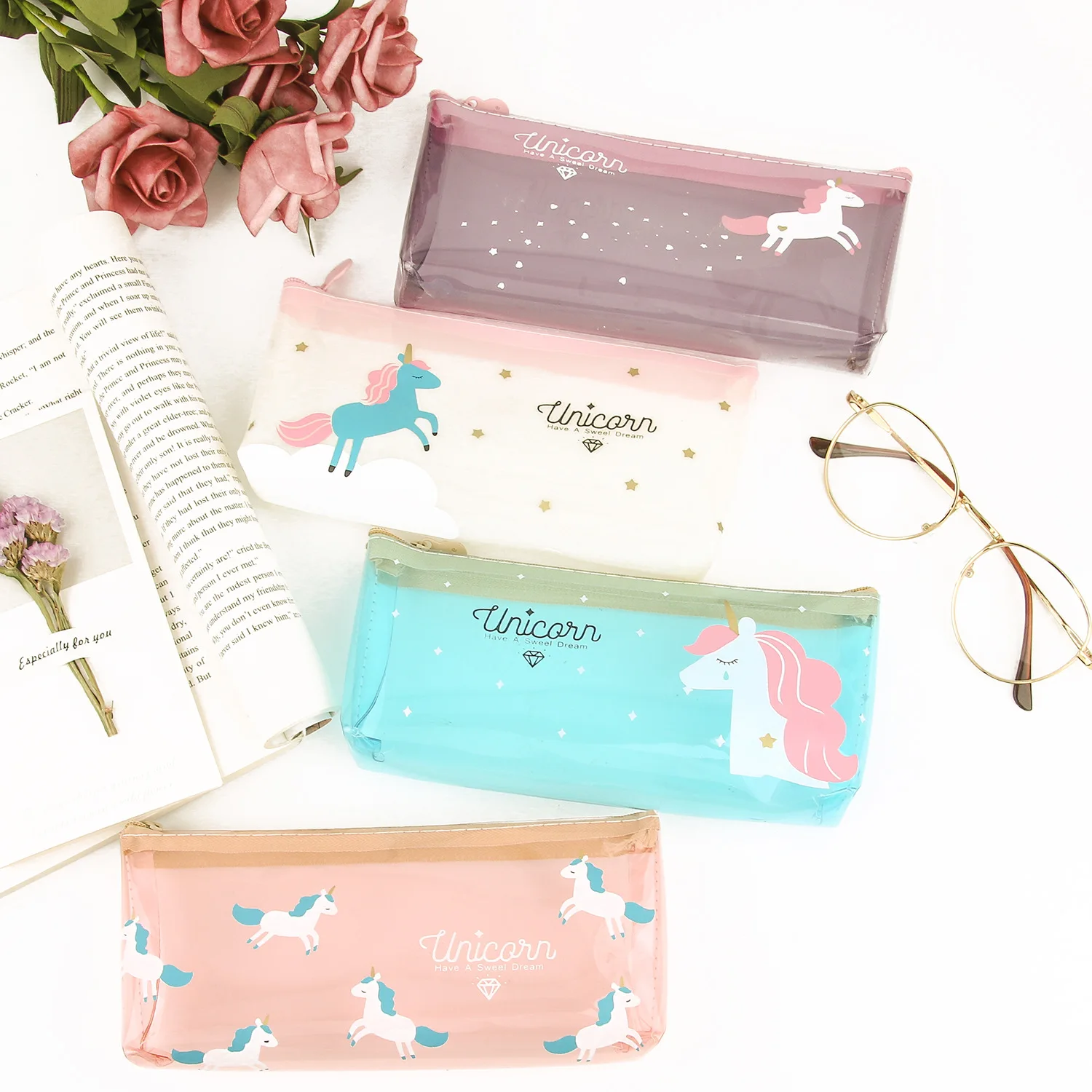 

Cartoon Unicorn Transparent PVC Inverted Trapezoidal Pencil Bag Student Learning Pen Box
