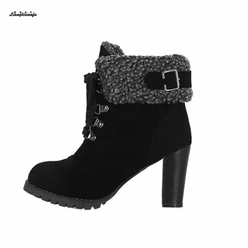 

Winter Woman Ankle boots Plus:34-42 43 Belt buckle decorate boots Round Toe 8cm Coarse heels Botas mujer Turned-over Edge Botas
