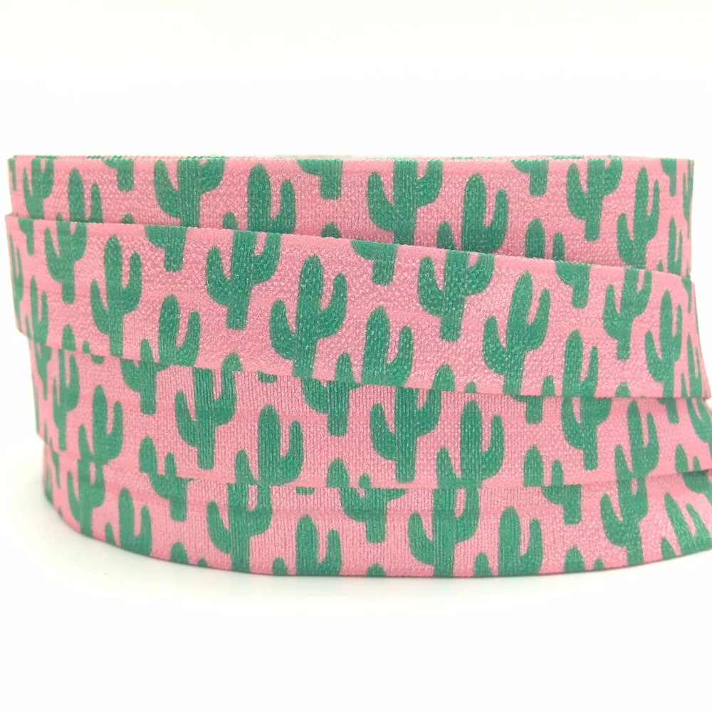 

10Yards/lot Green Cactus Print Fold Over Elastic 5/8" Pink FOE Ribbon Webbing for DIY Headwear Hair Tie Hair Accessories