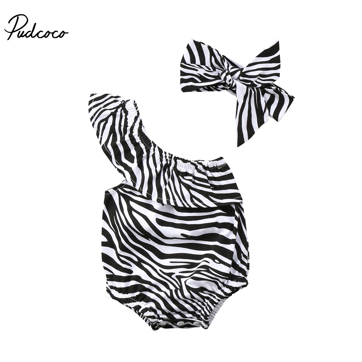 

2Pcs Newbron Baby Girl Zebra Single Off Shoulder Romper Ruffle Sleeveless Jumpsuit Headband Clothes Outfits