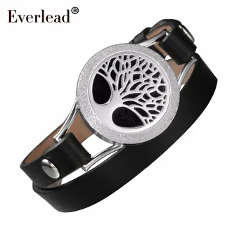 

EVERLEAD tree of life bracelet for women black double leather diffuser health fashion wrap locket 316L Stainless Steel bracelets