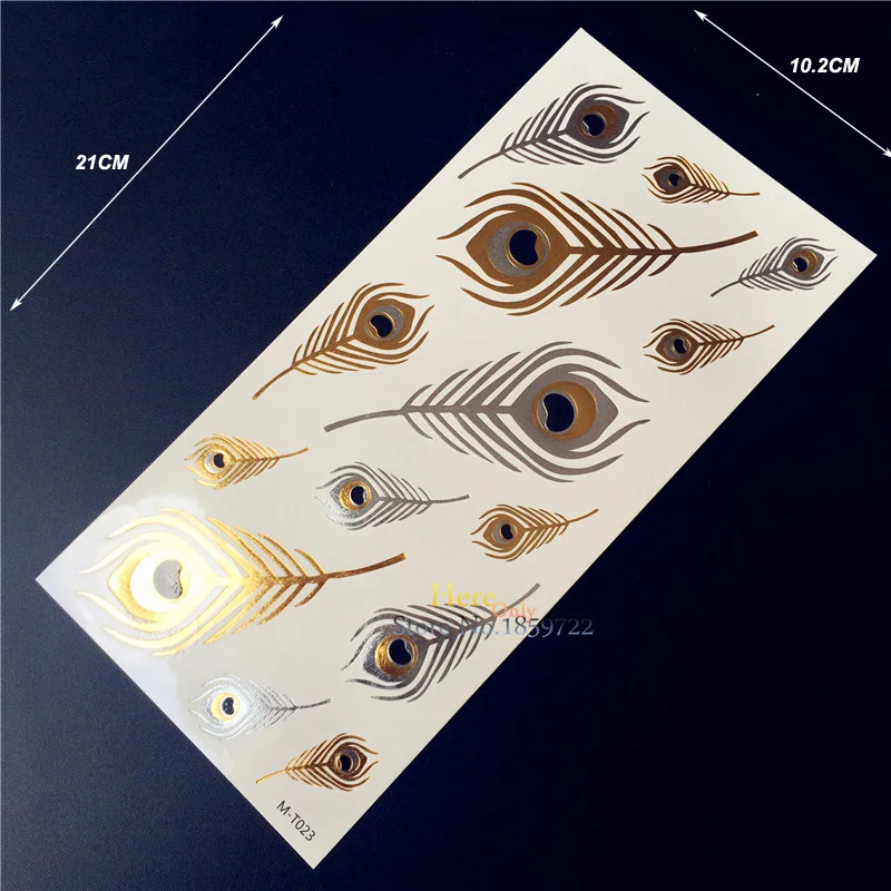 

1PC Hot Men Women Body Art Makeup Gold Silver Metallic Tattoos MT023 Peacock Feather Flash Waterproof Temporary Tattoo Stickers