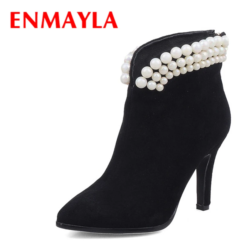 

ENMAYLA Autumn Sheepskin Pearl Bead Ankle Boots for Women Pointed Toe Wedding Ladies Shoes Woman Black Red Suede Boots
