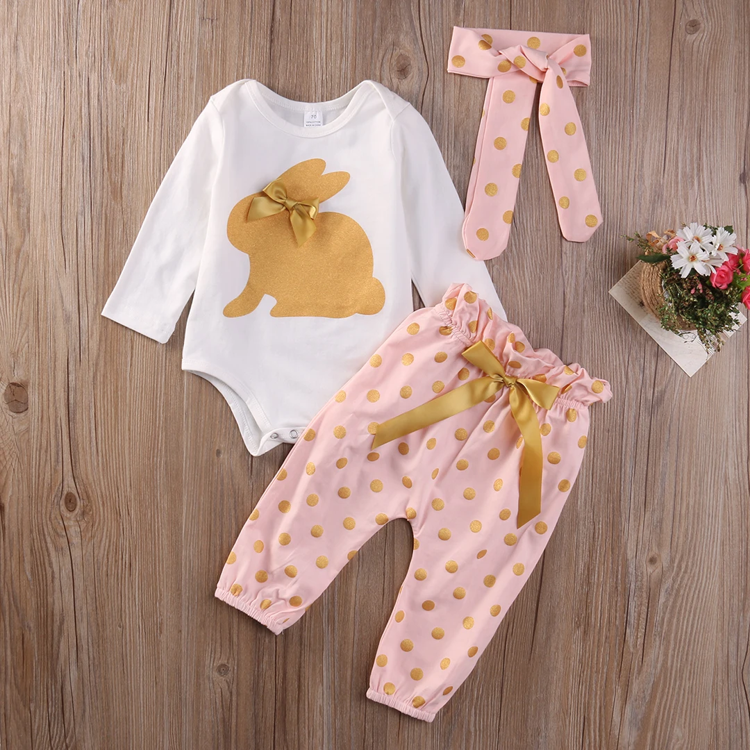 لطيف الوليد الرضع طفل الفتيات الملابس الذهب أرنب طويلة الأكمام رومبير قمم Playsuit Sunsuit السراويل الزي مجموعة 2 قطع 0 -18 متر