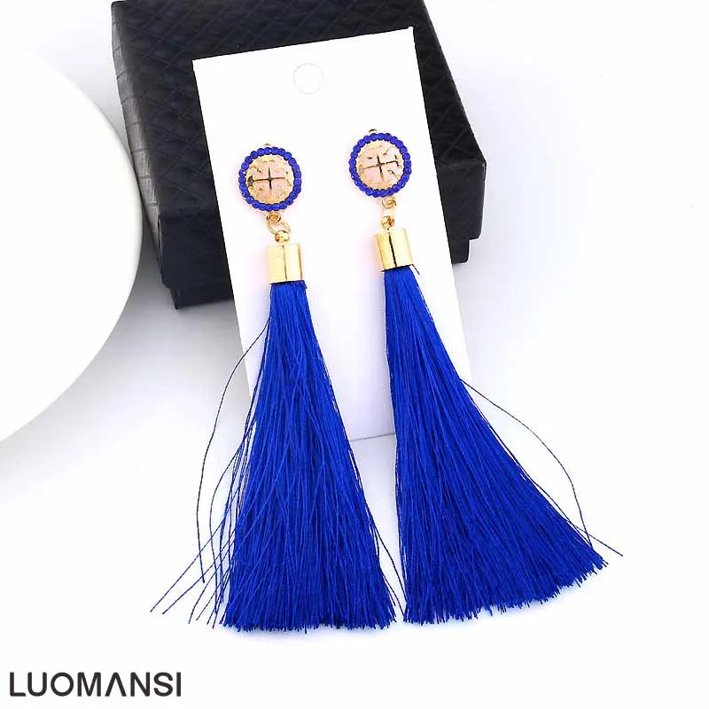 

Luomansi Fashion Bohemian Exaggeration Tassel Earrings Black White Blue Silk Fabric Long Drop Dangle Earrings For Women Jewelry