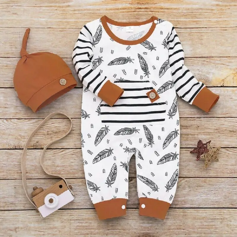 Baby Spring Autumn Clothing Newborn Kid Baby Girl Boy Feather Romper Clothes Long Sleeve Print Jumpsuit Hat Autumn Outfit