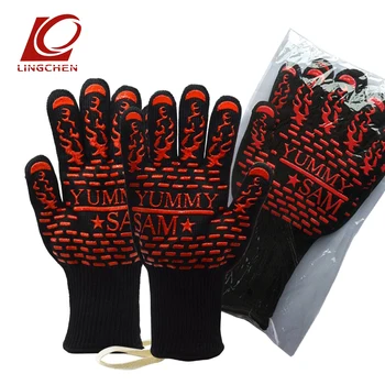 

Aramid Heat Resistant Gloves Red silicone Flame retardant and heat insulation Oven mitts for Outdoor Camping Kitchen COOKING