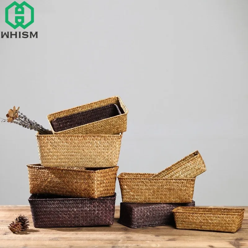 WHISM اليدوية المنسوجة القش تخزين صناديق التحكم عن بعد حامل ماكياج المنظم الخوص سلة الغسيل سطح المكتب سلات تخزين WHISM اليدوية المنسوجة القش تخزين صناديق التحكم عن بعد حامل ماكياج المنظم الخوص سلة الغسيل سطح المكتب سلات تخزين