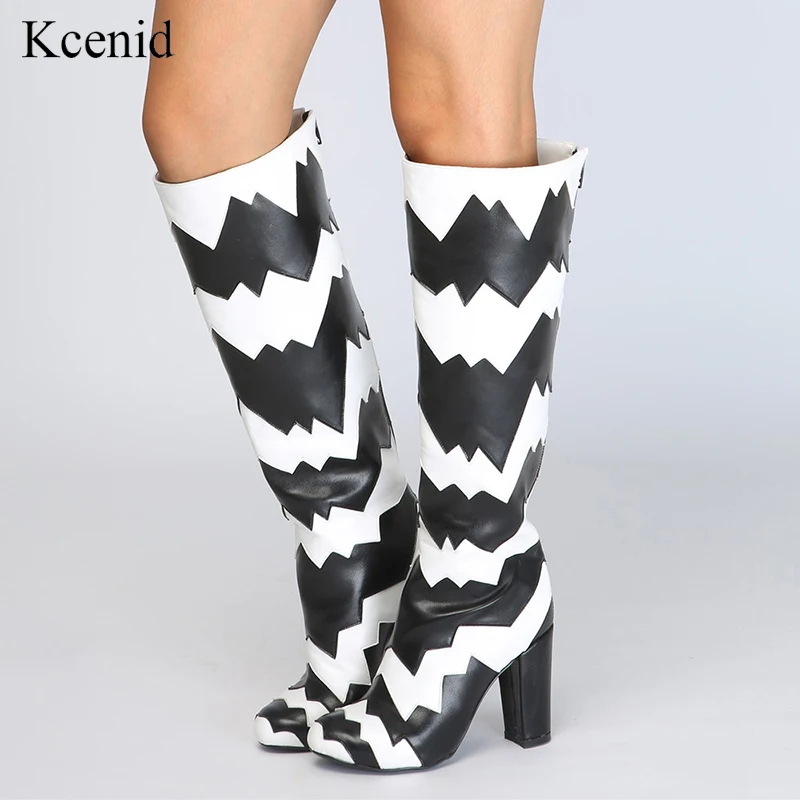 Kcenid Dames Taille Patchwork 47 Nouveau Haute Style Hauts Bottes Mode Plus Genou Rond Noir Chaussures 34 Femmes Talons Bout Tr5wxaTq4