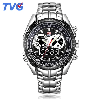 

TVG Digital Sport Watch Men Steel Band Watches LED Analog Alarm Calendar Wristwathces Waterproof Reloj Inteligente Mujer 468