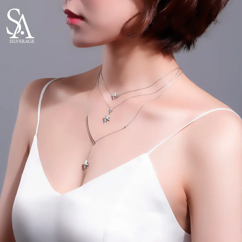 SA SILVERAGE Real 925 Sterling Silver Star Necklaces/Pendants AAA Zirconia Choker Necklace 925 Sterling Silver Necklaces Gift