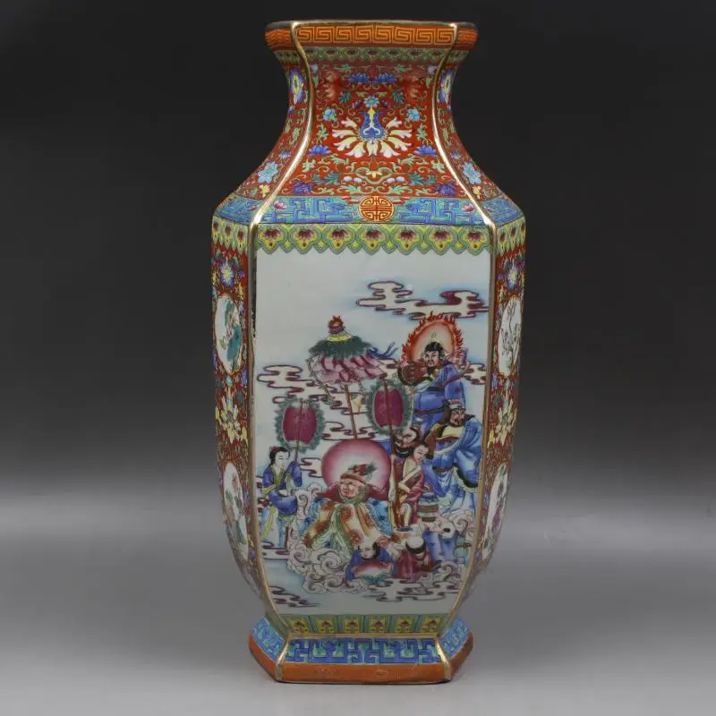 Qing Dynasty Qianlong Pastel gilt Flower and bird pattern Porcelain Hexagon vase