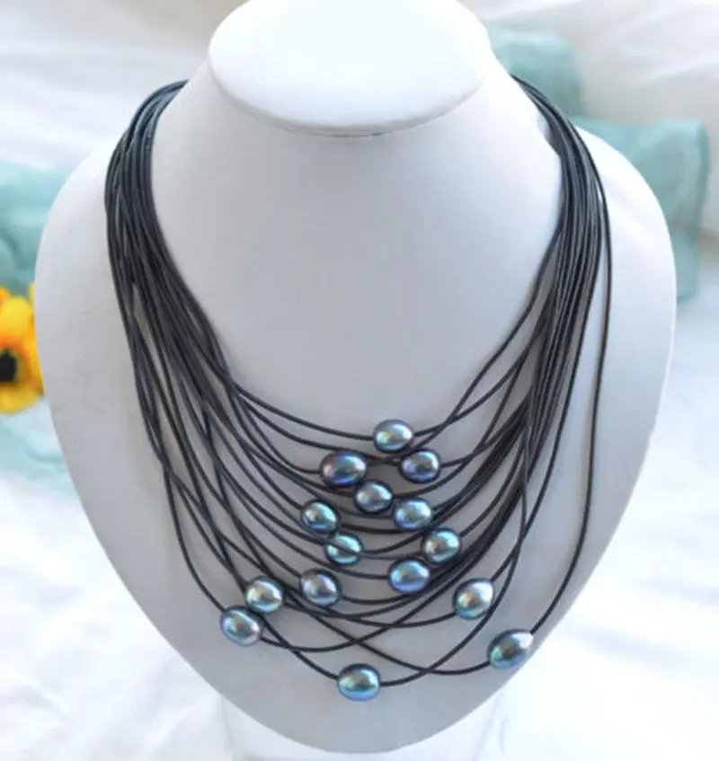 

Hot sale new Style >>>>>new 15row 18- 20" 11-13mm black rice pearl black leather necklace AAAA