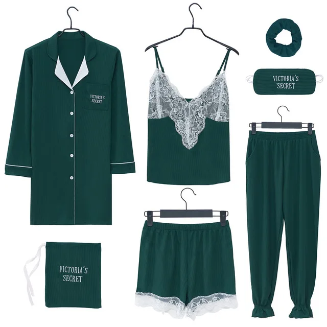 Женский пижамный комплект из 7 предметов, хлопковая шелковая Женская одежда для сна, пижамы для отдыха, топ и шорты, штаны, весна, лето, осень, зима - Цвет: Green