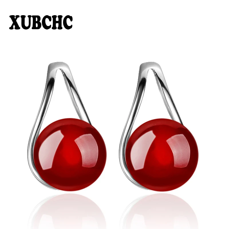 

XUBCHC Romantic Style Red Black Round Stone White Silver Stud Earrings Natural Earring Fashion Jewelry for Women Best Gift