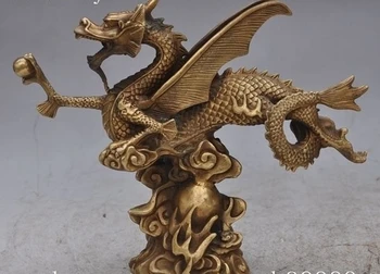 

9" Chinese Folk fengshui brass Zodiac Animal Dragon Play Bead Auspicious Statue