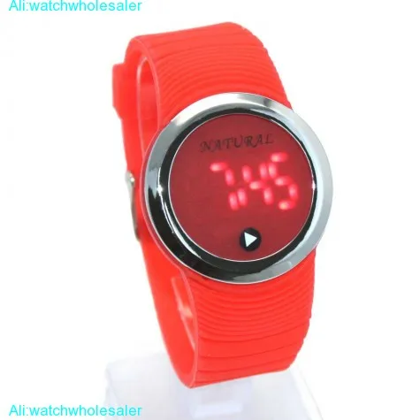 DW418F Round PNP Shiny Silver Watchcase Silicone Red Band Boy Girl Digital Watch