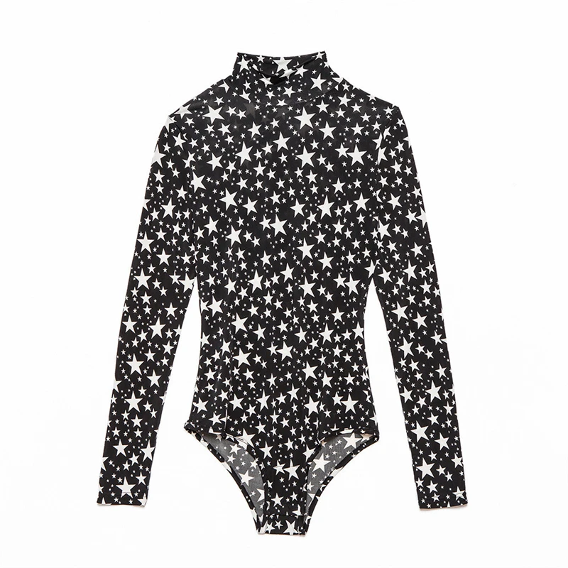 Long Sleeve Star Print High Neck Bodycon Sexy Bodysuit 2017 Autumn