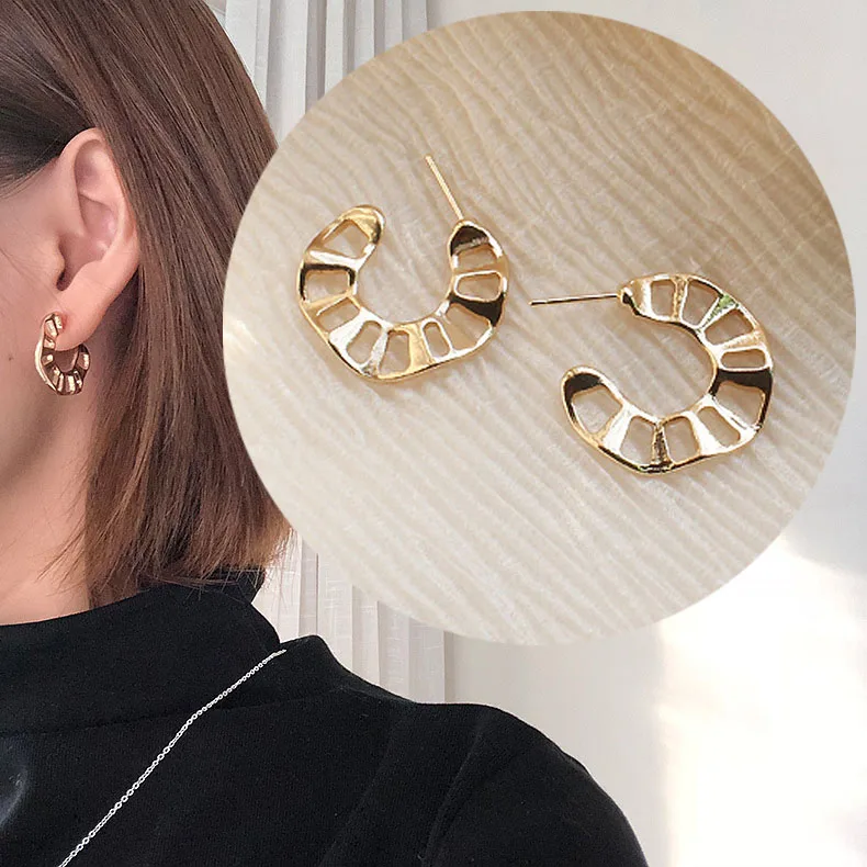 

European and American 2018 Simple Gold Color Hollow Geometric Alloy Stud Earrings for Women Girls Party Punk Handmade Jewlery