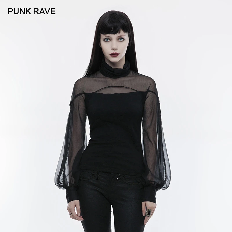 

PUNK RAVE Gothic Imitation Silk Crepe Ribbon Dressing Perspective Lantern Sleeve T-shirt Fashion Black Women Tees Tops