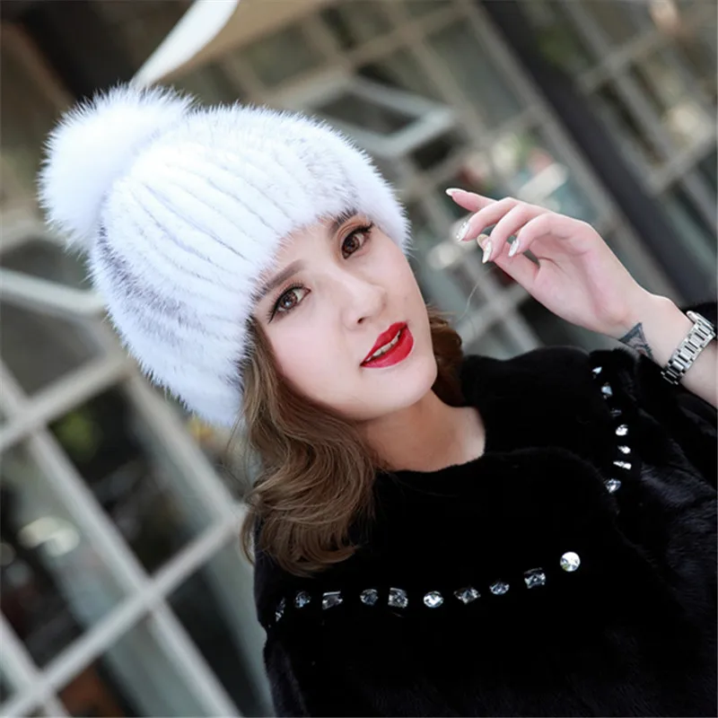 

Real mink fur hats for winter women fur cap with fox fur 2015 new high quality luxury knitted beanies female