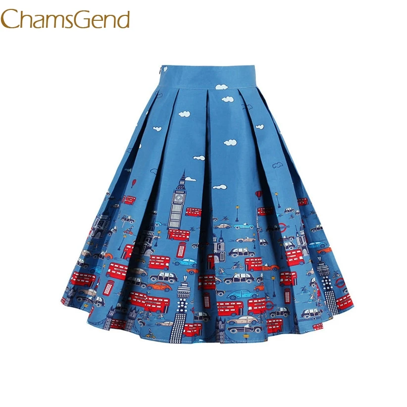 Chamsgend Женская Повседневная лондонская Узорчатая трапециевидная плиссированная юбка с принтом машин и зданий синяя 70926 Прямая поставка