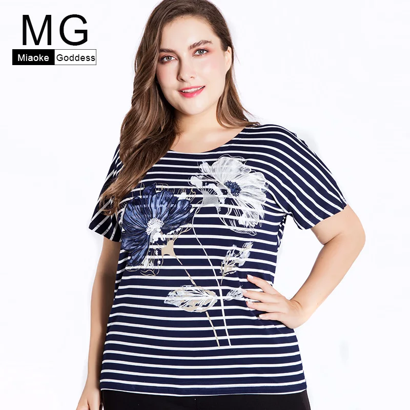 

MG 2019 Summer womens Plus Size cotton mom stripe t-shirt and tops fashion ladies elegant Print embroidery tee femme