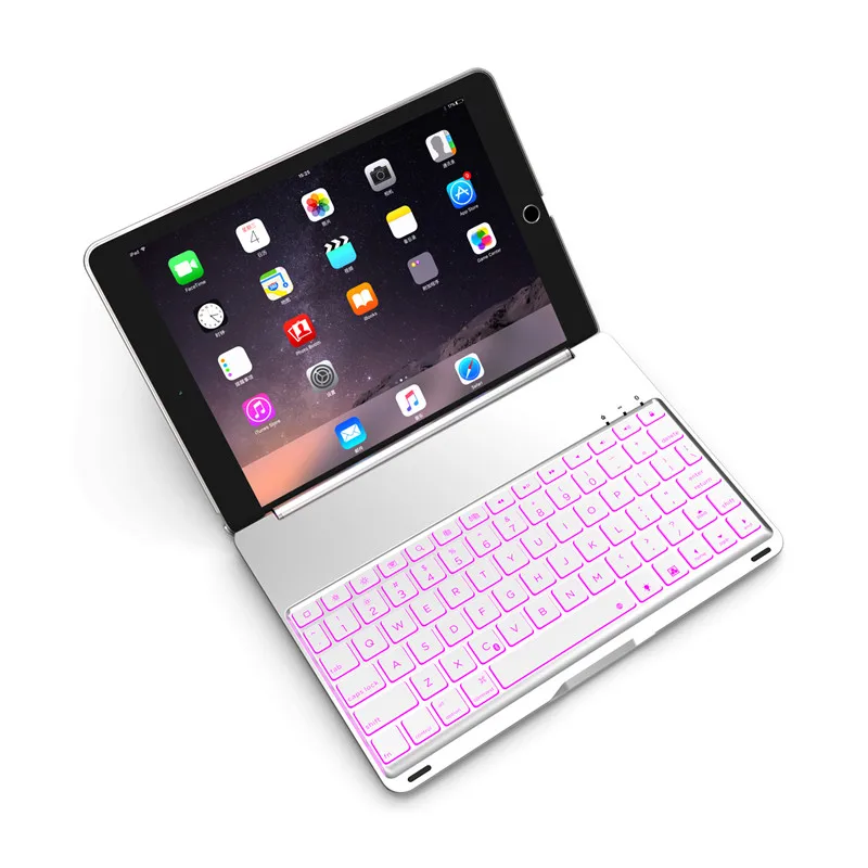 Luxury Tablet Case for iPad 6/Air2 Smart Flip Cover Stand 7 Colors Backlit Light Aluminum Bluetooth Keyboard Case for iPad Air 2 - Цвет: Silver