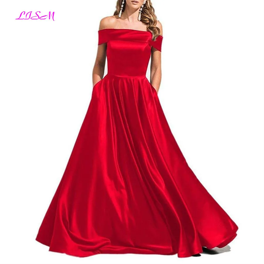 Красный с открытыми плечами атласная Элегантные платья для выпускного Длинные вечерние деловые платья Плюс Размер A-Line вечерние платье 2019