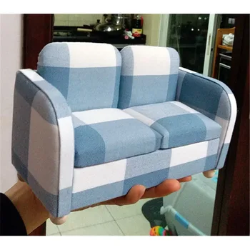 

1:6 Miniature double blue soft Sofa for 30cm dolls kawaii dollhouse Furniture toy pretend play toys for children girls gifts