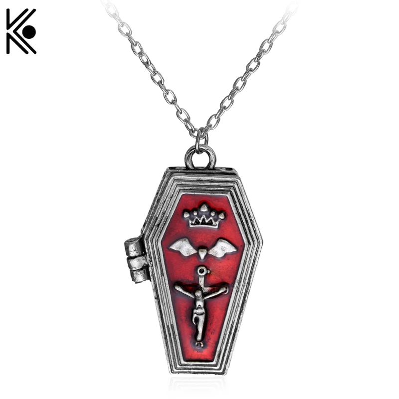 

High Quality Hot Sale Vampire Diaries Punk Gothic Style Coffin Jesus Pendant Necklace Red Enamel Unisex statement necklace