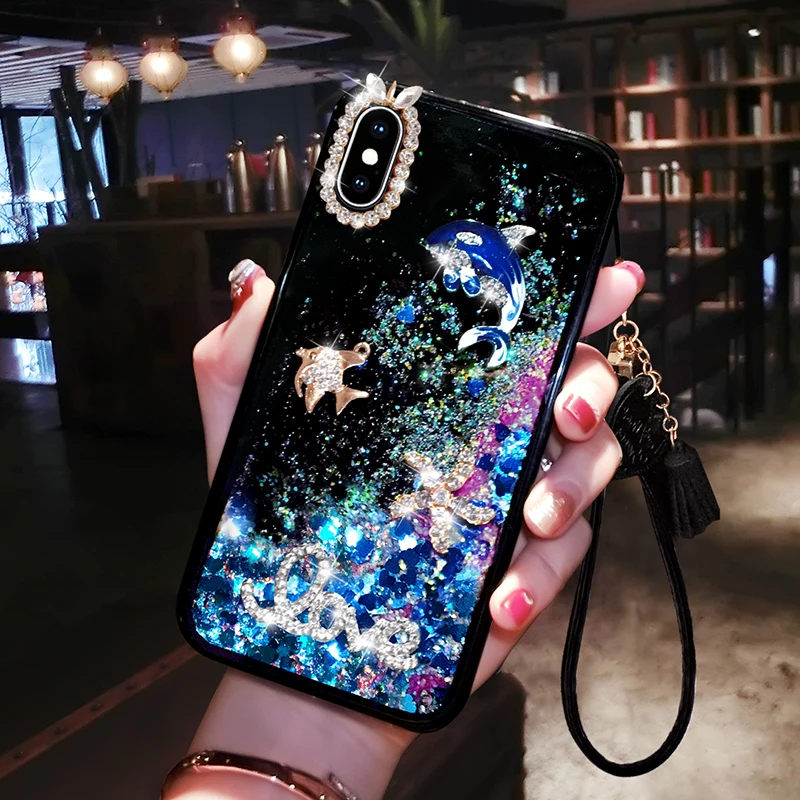 

Dynamic Liquid Quicksand Case Cover For iPhone 6 6S 7 8 Plus X XR XS Max Love Diamonds Mobile Phone Shell Lanyard Covers Coque