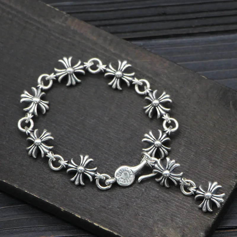 

S925 Sterling Silver Solid Big Cross Retro Thai Silver Male And Female Fashion Bracelets