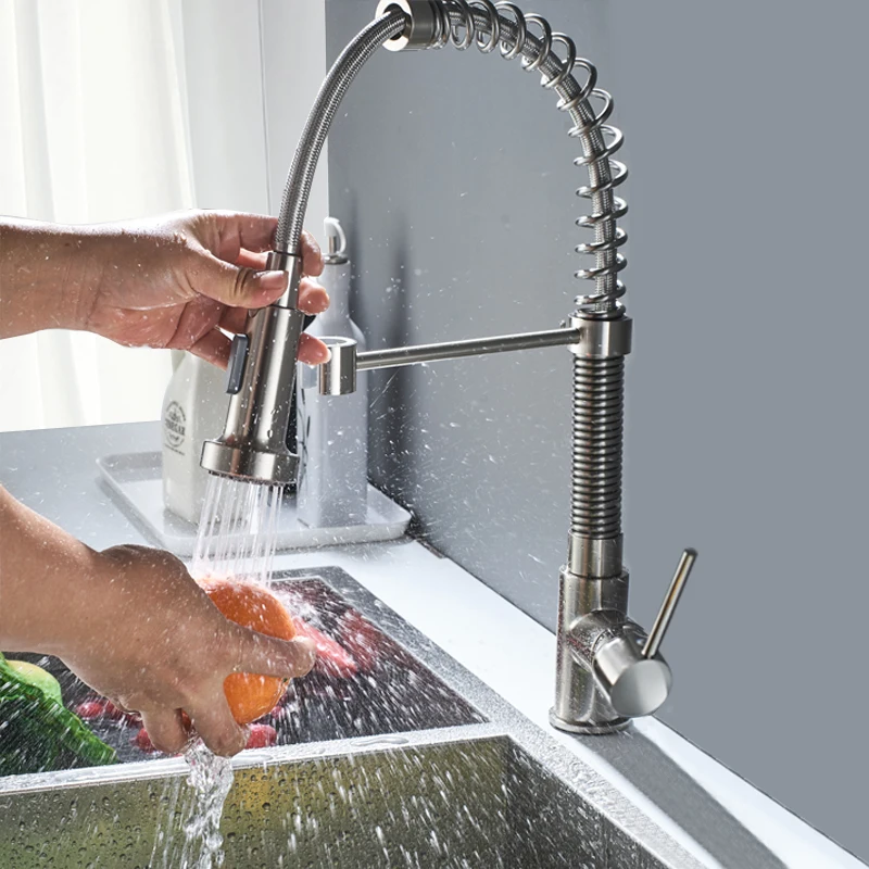 

Brushed Nickel Spring Kitchen Sink Faucet Sprayer Stream Spout Pull Down Kitchen Mixers Deck Mounted Hot and Cold Water Tap