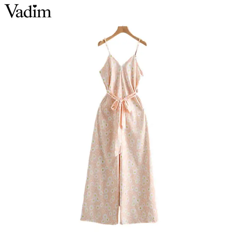 

Vadim women floral print jumpsuits V neck sweet sashes sleeveless side zipper fly overall casual female cute playsuits KA932