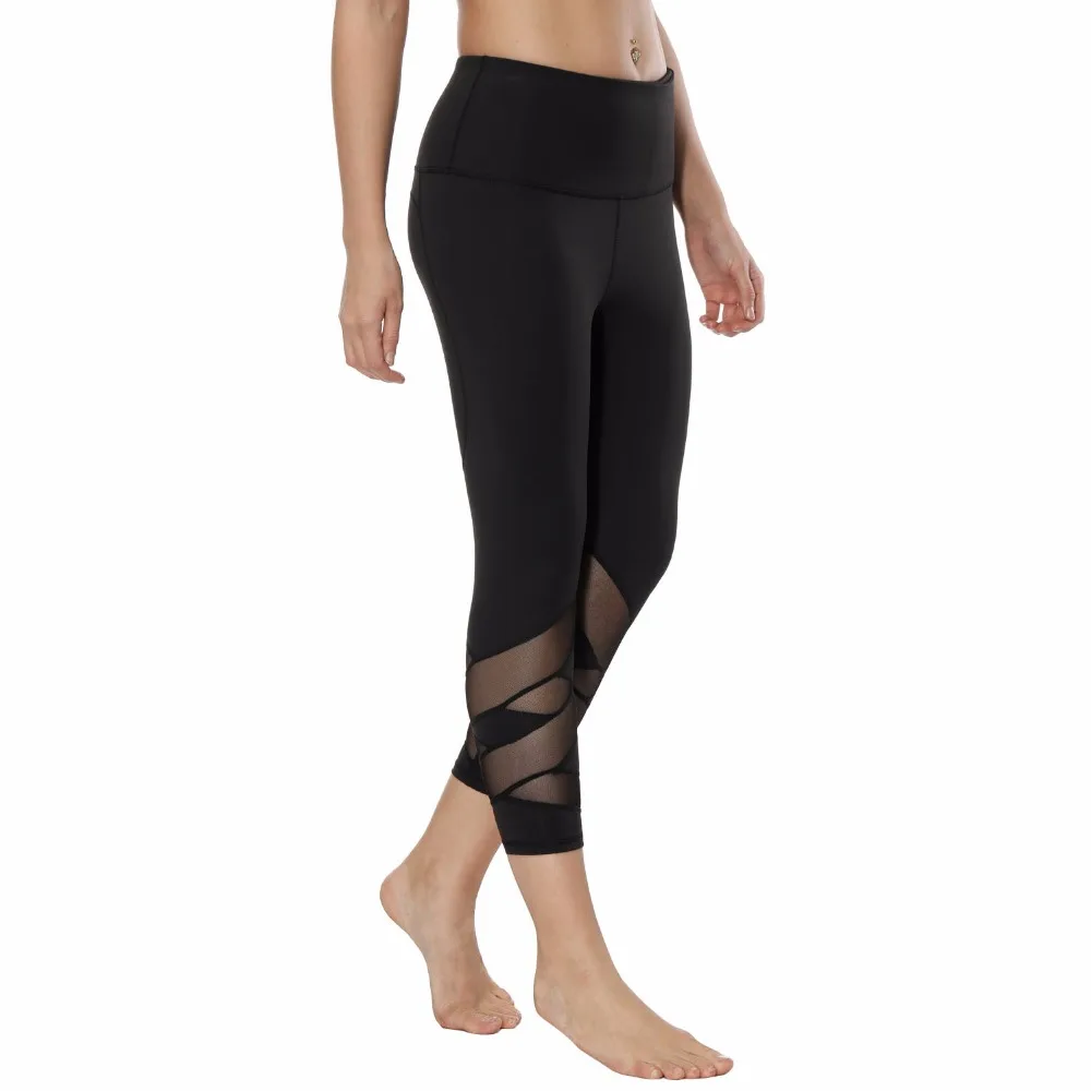 

Black Breathable Mesh Yoga Capri Pants Women High Waist Fitness Running 4 Way Stretch Yoga Leggings Cropped Quick Dry Gym Tights